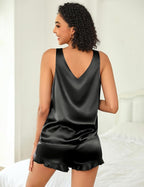 Ekouaer Womens Silk Pajamas Set 2 Piece Satin Camisole Pjs V Neck Tank Top and Shorts with Ruffle Sleepwear