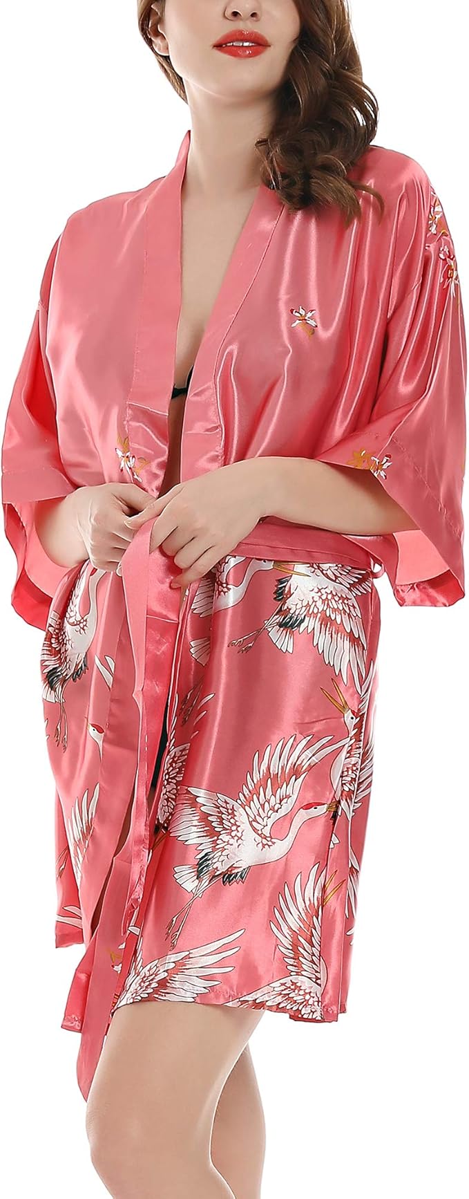 Women Kimono Robes Satin Dressing Gown Crane and Blossoms Sleep Lounge Nightwear Short Silk Bride Bridesmaid Robe