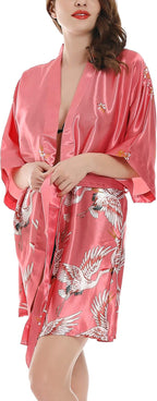 Women Kimono Robes Satin Dressing Gown Crane and Blossoms Sleep Lounge Nightwear Short Silk Bride Bridesmaid Robe