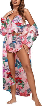 OPOIPIN Women's 3 Piece Pajama Set Sexy Cami Top and Shorts with Robe Sleepwear Loungewear Set