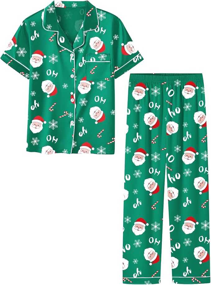 Umeyda Girls Womens Pajamas Set, Satin Silky Button Down Loungewear 2 Piece Short Sleeve Pants PJS Sets for Mommy Kids