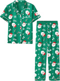 Umeyda Girls Womens Pajamas Set, Satin Silky Button Down Loungewear 2 Piece Short Sleeve Pants PJS Sets for Mommy Kids
