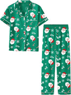 Umeyda Girls Womens Pajamas Set, Satin Silky Button Down Loungewear 2 Piece Short Sleeve Pants PJS Sets for Mommy Kids