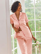 Ekouaer Silk Satin Pajamas Set Women Short Sleeve Sleepwear Soft Button Down Loungewear Pjs Set