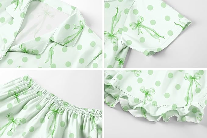 Umeyda Girls & Women Satin Pajamas Set Button Down 2 Piece Silk Pjs Shorts Set Ruffle Sleepwear, 5 Years-Women L