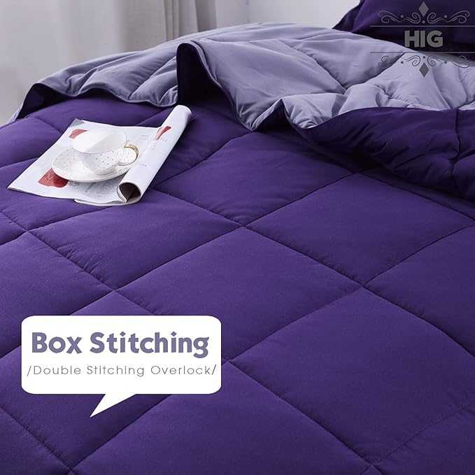 HIG 3pc Down Alternative Comforter Set - All Season Reversible Comforter with Sham - Quilted Duvet Insert with Corner Tabs - Box Stitched - Super Soft, Fluffy (Twin/Twin XL, Purple)