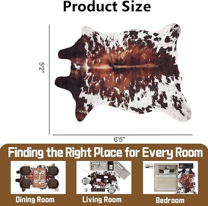 Cow Print Rug, Faux Fur Western Rug 5.2x6.5 Feet Non-Slip Animal Print Washable Faux Cashmere Carpet for Living Room, Western Bedroom Decor, Rustic Farmhouse Home Office