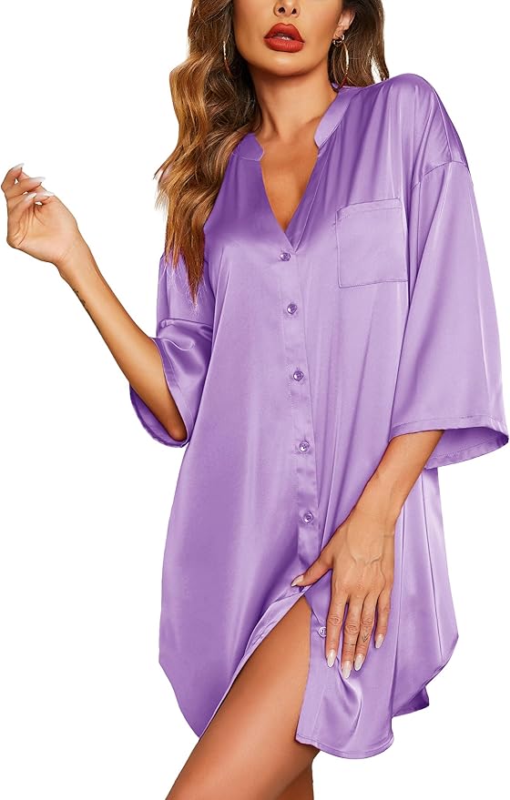 Ekouaer Satin Nightgowns for Women Silk Sleepwear Button Down Sleepshirt 3/4 Sleeve V-Neck Nightshirts with Pockets