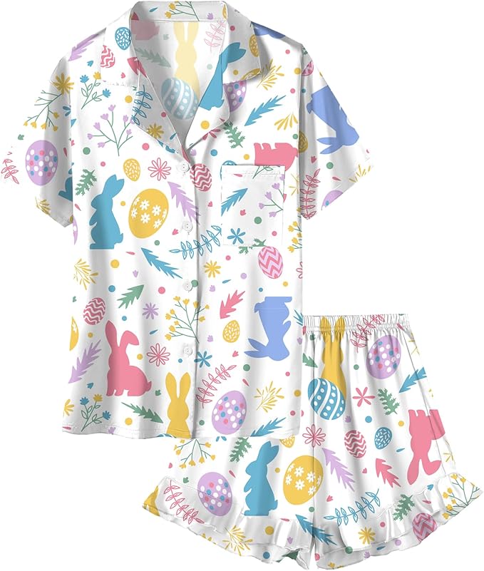 Umeyda Girls & Women Satin Pajamas Set Button Down 2 Piece Silk Pjs Shorts Set Ruffle Sleepwear, 5 Years-Women L