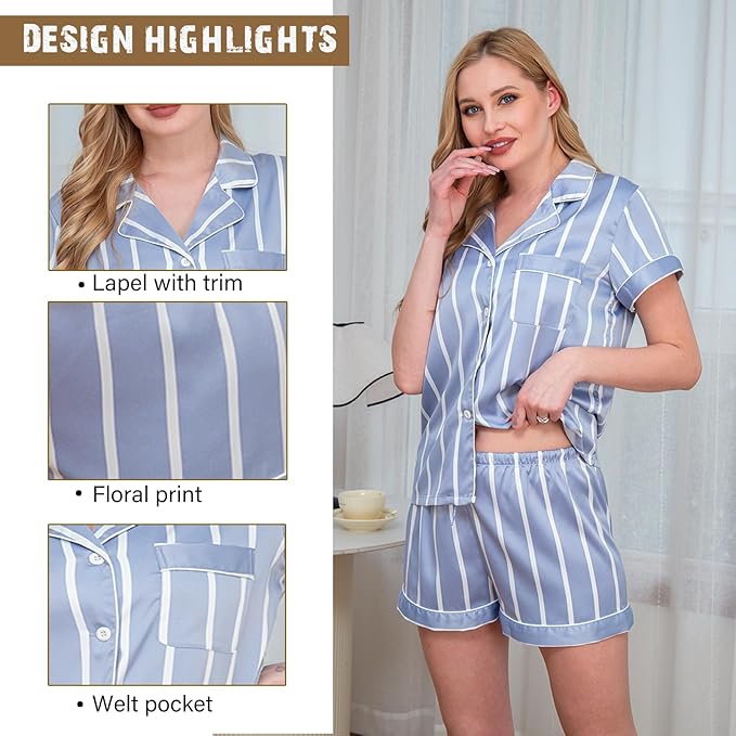 WJing Yi Jia Womens 3Pcs Satin Pajamas Set Floral Silk Pajama Sets Stripe Lounge Set Silky Sleepwear XS-2XL Pjs Long Scarves