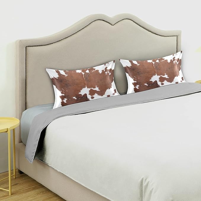Farm Animal Cow Brown Cowhide Print Satin Pillowcase for Hair and Skin, Cow Skin Pattern Silk Pillow Case with Envelope Closure, King Size 20x40 inches, 1 PC