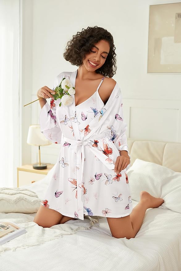 Ekouaer Women's Silk Robe Set V-neck 2 Piece Bridal Party Robes and Satin Bathrobe Set with Pockets