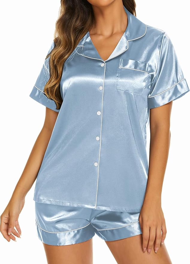 Ekouaer Silk Pajamas for Women Short Sleeve Sleepwear Soft Button Down Loungewear 2 Piece Satin Pjs Shorts Set