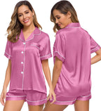 SWOMOG Womens Silk Satin Pajamas Set Short Sleeve Sleepwear Button Down Top and Shorts Loungewear 2 Piece Pjs Set XS-3XL