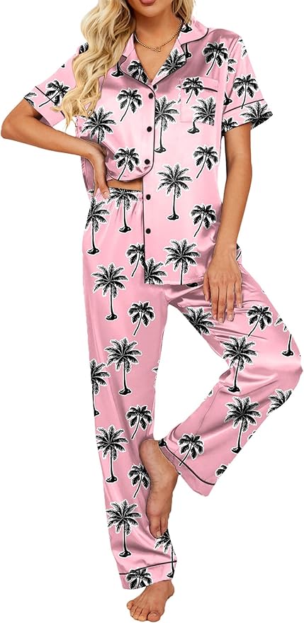 Ekouaer Silk Satin Pajamas Set Women Short Sleeve Sleepwear Soft Button Down Loungewear Pjs Set