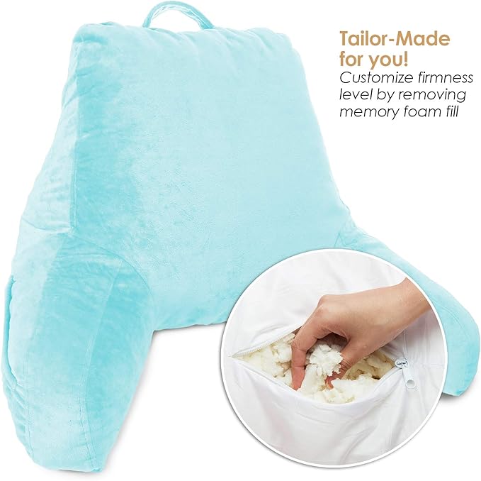 Clara Clark Reading Pillow for Kids & Teens with Shredded Memory Foam, Backrest Pillows for Reading, Watching, and Gaming, Use on The Couch, Bed, or Floor Adjustable Support, Washable Cover Light Blue