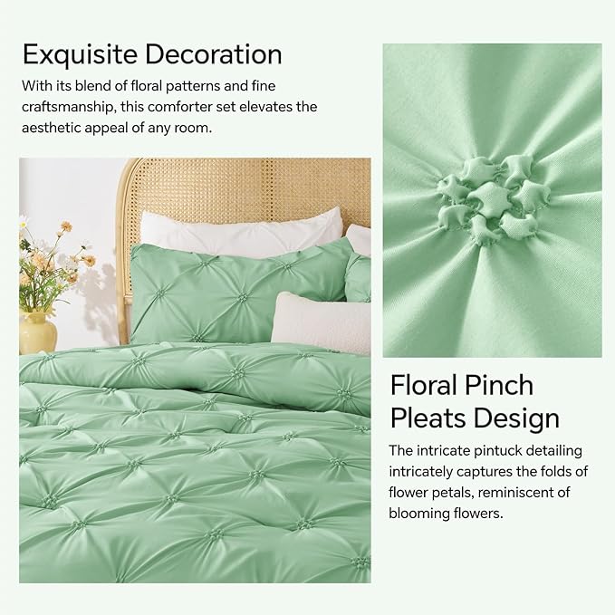 BEDELITE Sage Green Queen Comforter Set - 3 Pieces Boho Pintuck Bedding Comforter Sets, Lightweight Soft & Warm Bed Comforter Queen with 2 Pillowcases for All Season