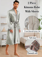 ChiaoLezhee Mens Satin Bath Robe with Shorts Set, Silk Paisley Kimono Lightweight, Soft Long Sleeve Sleepwear