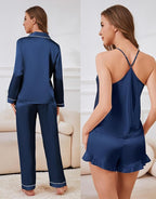 SAPJON Satin Silk Pajamas for Women Set 5PCS Classic Button Down Pajamas Top and Pants Cami and Ruffle Shorts Sleepwear