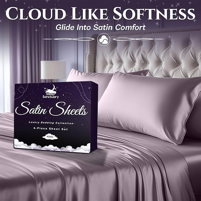 SLEEP SANCTUARY Satin Sheets Twin Size – 3 Piece Luxury Silky Bed Set, Softer Than Silk, 15" Deep Pocket, Cooling & Wrinkle-Free, Moisture-Wicking & Breathable for Hair & Skin (Lavender)