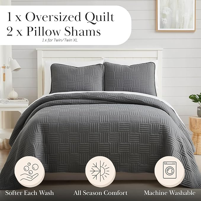 Southshore Fine Living, Inc. Oversized King Quilt Bedding Set with 2 Matching Shams, Coverlet for King/California Size Bedding, Soft, Lightweight Microfiber Quilt Set, Slate