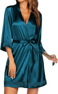 Ekouaer Women's Lace-Trim Silk Robes Bride Bridesmaid Kimono Satin Bathrobe V Neck Sleepwear with 3/4 Sleeve