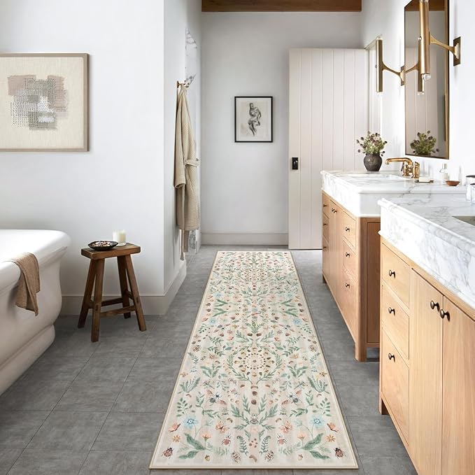 Lahome Chloe Insect Botanical Bathroom Beige Runners for Hallways, Non Slip Washable Kitchen Bathroom Carpet Runner,Soft Non Skid Indoor Rugs for Entryway Laundry Bedroom(Beige,2'6"x10')