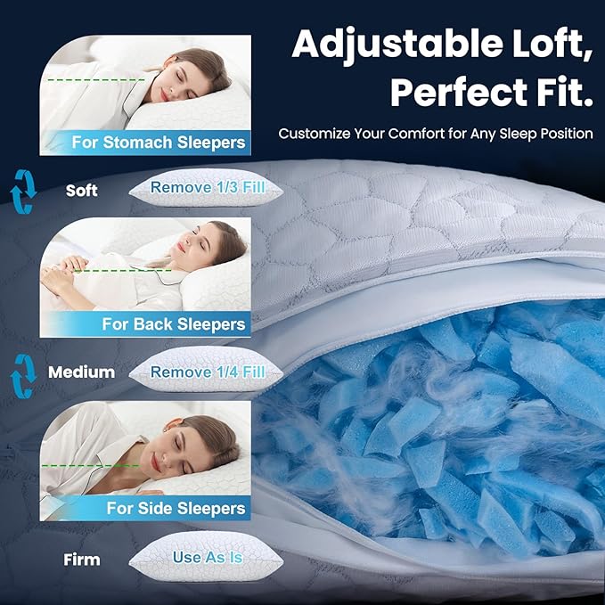 QUTOOL Double Sided Cooling Pillow for Hot Sleepers, Shredded Memory Foam Pillows Queen Size Set of 2, White