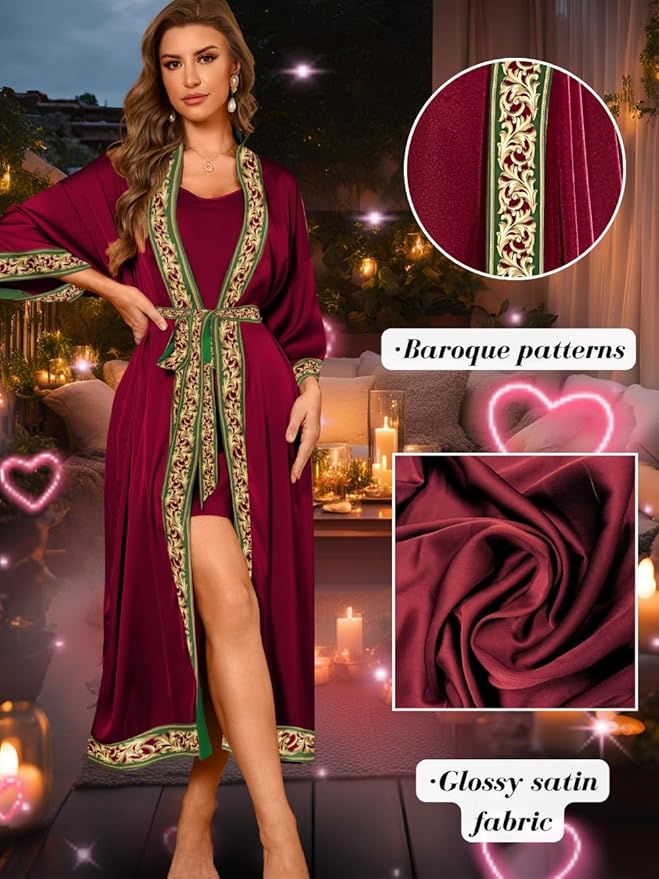 ChiaoLezhee Satin Robe Sets For Women, 2-PC Lightweight Bathrobe, Silk Sleepwear Kimono Bridesmaid Sexy Robes