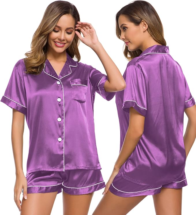 SWOMOG Womens Silk Satin Pajamas Set Short Sleeve Sleepwear Button Down Top and Shorts Loungewear 2 Piece Pjs Set XS-3XL