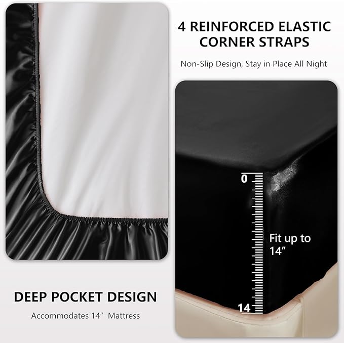 CozyLux Satin Sheets Twin XL Sheets - 3 Piece Silky XL Twin Sheet Set, Luxury Extra Long Black Sheet with Smooth and Soft Microfiber, Includes 1 Fitted Sheet, 1 Flat Sheet and 1 Pillowcase