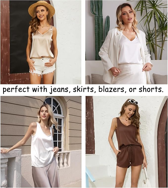 MOYEE Women Silk Pajama Set Soft Satin V Neck Tank Top and Shorts 2 Piece lounge Sets with Pockets