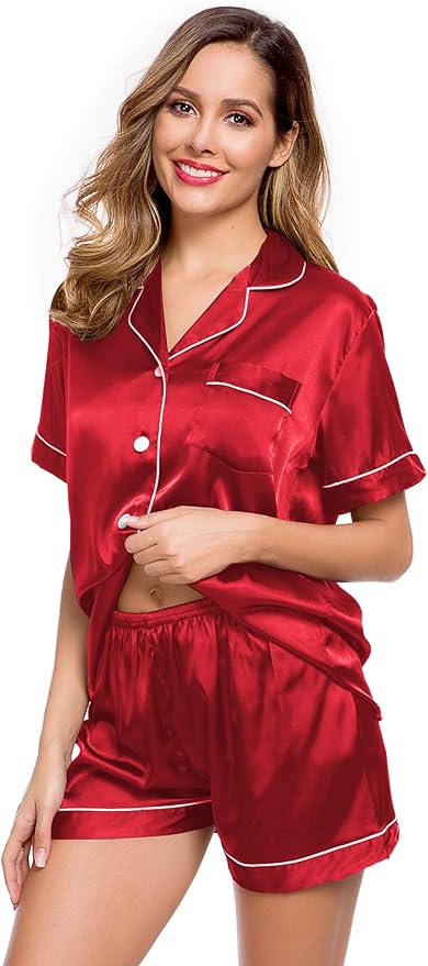 LecGee Womens Silk Satin Pajamas Short Sleeve Loungewear Two-Piece Sleepwear Button-Down Pj Set
