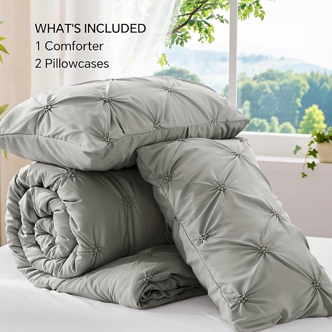 BEDELITE Grey Queen Comforter Set - 3 Pieces Boho Pintuck Bedding Comforter Sets, Lightweight Soft & Warm Bed Comforter Queen with 2 Pillowcases for All Season