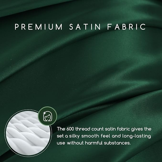 MR&HM Satin Bed Sheets, Queen Size Sheets Set, 6 Pcs Silky Bedding Set with 15 Inches Deep Pocket for Mattress (Queen, Dark Green)