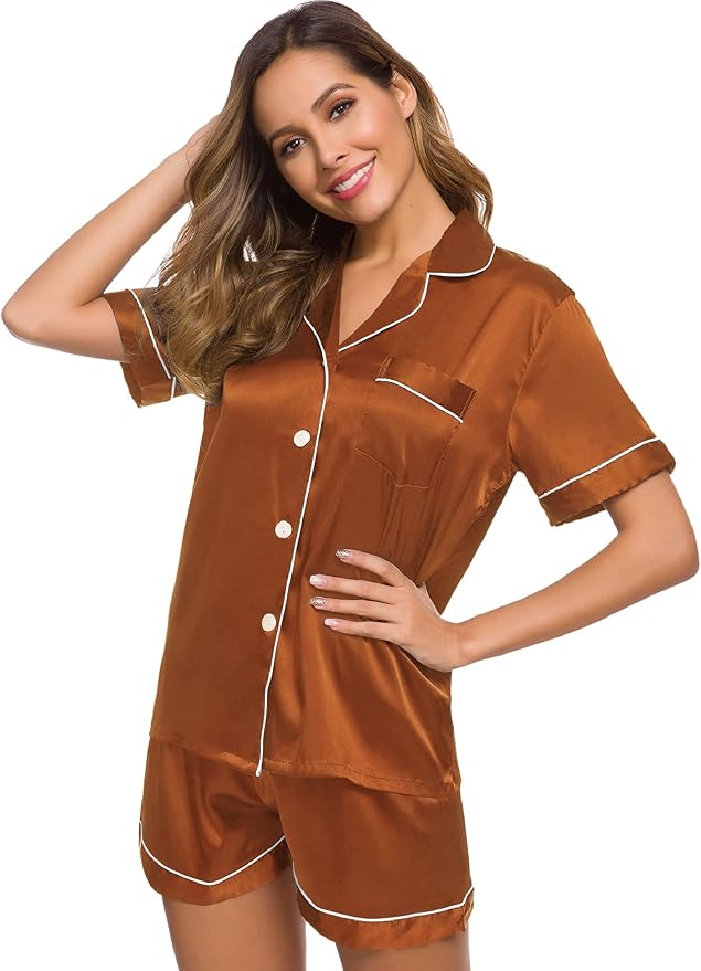 SWOMOG Womens Silk Satin Pajamas Set Short Sleeve Sleepwear Button Down Top and Shorts Loungewear 2 Piece Pjs Set XS-3XL