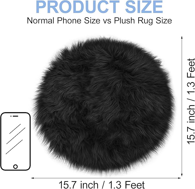15.7 Inches Mini Black Round Faux Fur Sheepskin Area Rug, Fluffy Small Circle Rugs Cushion for Chair, Furry Carpet for Nail Desk, Shaggy Circular Rug Plush Rug