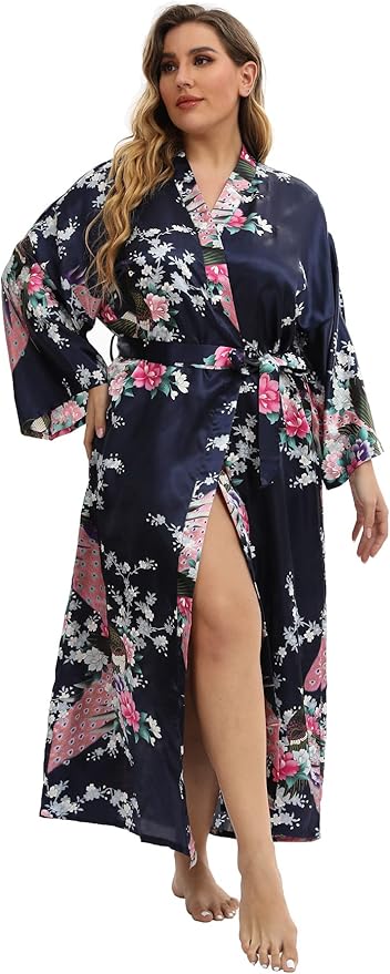 Women's Floral Long Satin Robes Plus Size Long Silk Robes Peacock Floral Kimonos Sleepwear Dressing Gown