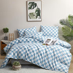 CLOTHKNOW Blue White Plaid Twin Comforter Set 3Pcs Grid Bedding Comforter Sets Kids Comforter Soft Light Blue Comforter Sets Twin with 2 x Pillow Cases