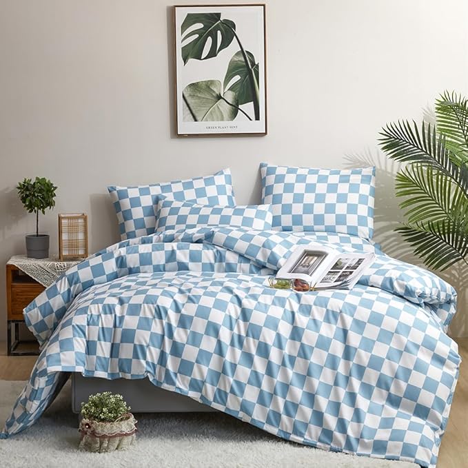 CLOTHKNOW Blue White Plaid Twin Comforter Set 3Pcs Grid Bedding Comforter Sets Kids Comforter Soft Light Blue Comforter Sets Twin with 2 x Pillow Cases