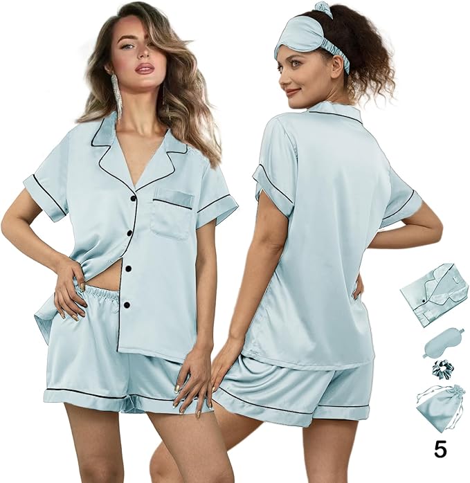 WJing Yi Jia 5Pcs Womens Soft Satin Pajama Set XS-4XL Button-Down Silk Pajamas Floral Sleepwear Bridal Pjs Lounge Pj Sets