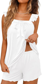 Ekouaer Women's Pajamas Sets 2 Piece Bow Bridal Pajama Cute Tank Top and Shorts Pjs Soft Ruffle Sleepwear XS-2XL