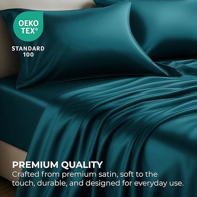 Satin Sheets California King [4-Piece, Teal] Luxury Silky Bed Sheets - Extra Soft 1800 Microfiber Sheet Set, Wrinkle, Fade, Stain Resistant - Deep Pocket Fitted Sheet, Flat Sheet, Pillow Cases