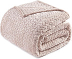 Exclusivo Mezcla Fleece Queen Size Blanket for Bed, 90x90 Inches Soft Cozy Jacquard Flannel Blankets, Lightweight Fuzzy Plush Warm for Women, Camel