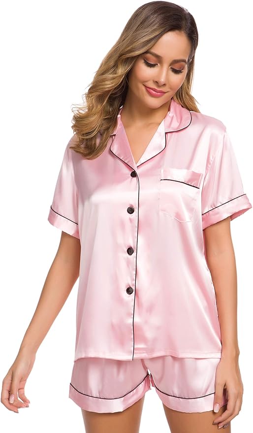 SWOMOG Womens Silk Satin Pajamas Set Short Sleeve Sleepwear Button Down Top and Shorts Loungewear 2 Piece Pjs Set XS-3XL