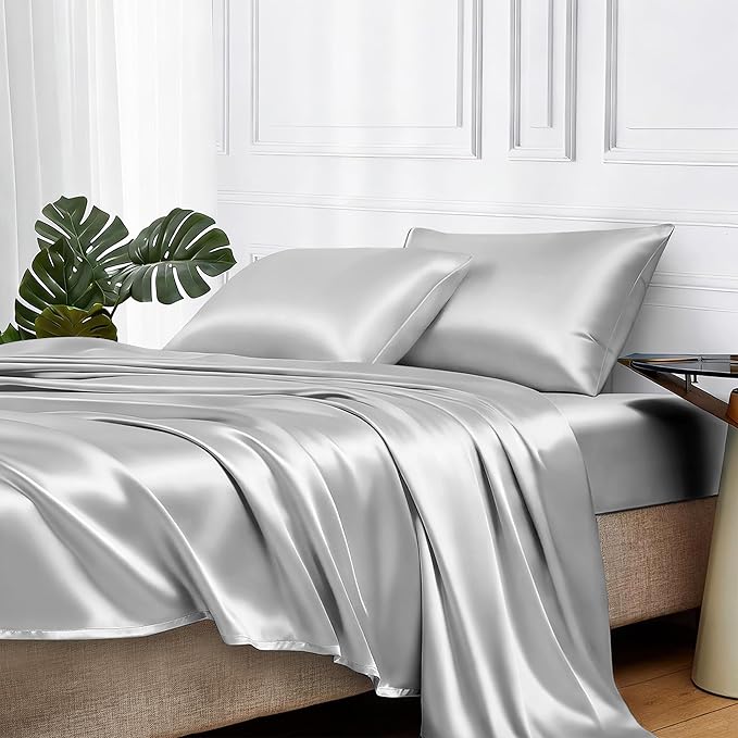 MR&HM Satin Bed Sheets, Full Size Sheets Set, 4 Pcs Silky Bedding Set with 15 Inches Deep Pocket for Mattress (Full, Silver Grey)