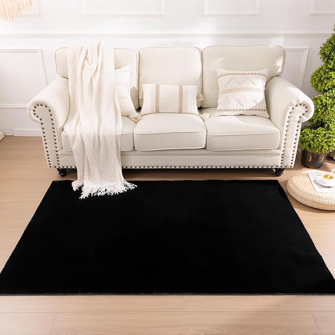 SHACOS Silky Soft Faux Rabbit Fur Area Rug 4'x6' Non Slip Washable Padded Medium Thick Rugs Fluffy Cozy Indoor Modern Carpet for Living Room Bedroom Dining Room Kids Room Dorm Home Decor, Black