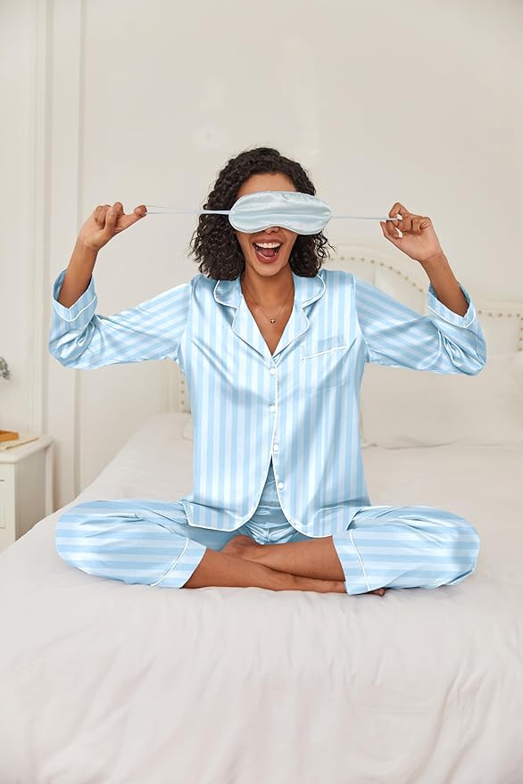 Ekouaer Women's Classic Button Down Long Satin Silk Pajama Set