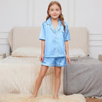 QPANCY Kids Satin Pajamas Sets Baby Boy Girl Button-Down Silk Sleepwear 2 Piece Short Sleeve Loungewear Clothes Set