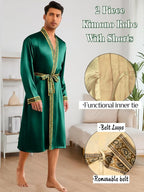 ChiaoLezhee Mens Satin Bath Robe with Shorts Set, Silk Paisley Kimono Lightweight, Soft Long Sleeve Sleepwear